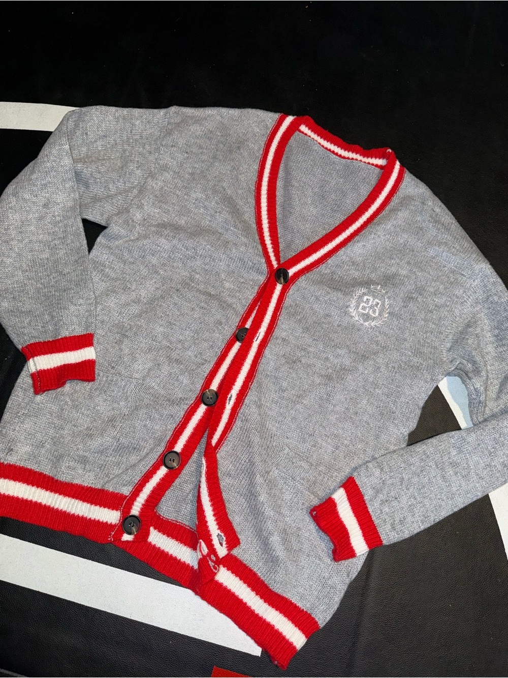Grey Cardigan with Red Trim V-Neck Button-Front Sweater
